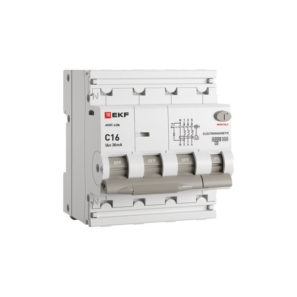 Выключатель автоматический дифф. тока АВДТ-63N 3P+N 16А (C) 30мА (A) эл-мех 6кА PROXIMA EKF D63N46MA
