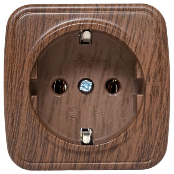 Розетка 1-местная ОП Минск 16А с заземлением тёмное дерево EKF