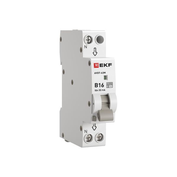 Диф. автомат  2П  16А  30мА (1мод., хар.B, электронный тип АС) 6кА EKF PROxiмА АВДТ-63М