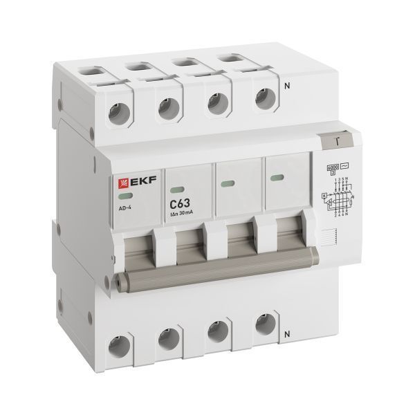 Дифференциальный автомат АД-4 63А/ 30мА (хар. C, AC, электронный, защита 270В) 6кА EKF PROxima