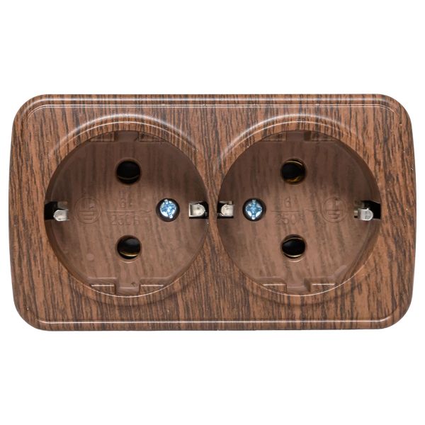 Розетка 2-местная ОП Минск 16А с заземлением тёмное дерево EKF