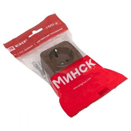 Розетка 1-местная ОП Минск 16А с заземлением тёмное дерево EKF