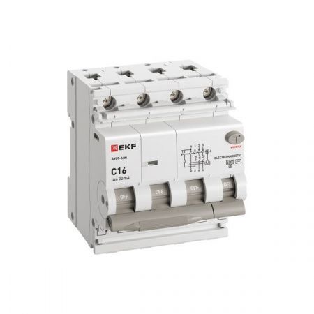Выключатель автоматический дифф. тока АВДТ-63N 3P+N 16А (C) 30мА (A) эл-мех 6кА PROXIMA EKF D63N46MA