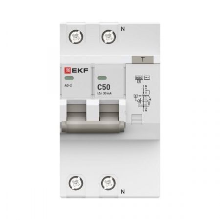 Дифференциальный автомат АД-2 50А/ 30мА (хар. C, AC, электронный, защита 270В) 6кА EKF PROxima