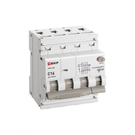 Выключатель автоматический дифф. тока АВДТ-63N 3P+N 16А (C) 30мА (A) эл-мех 6кА PROXIMA EKF D63N46MA